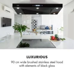 Valeria Inselabzugshaube 90cm 650m³/h Abluft Touch LED Glas Edelstahl -Haushaltsgeräte Förderung 10032902 uk 0008 logo Klarstein Valeria Inselabzugshaube 90cm Edelstahl