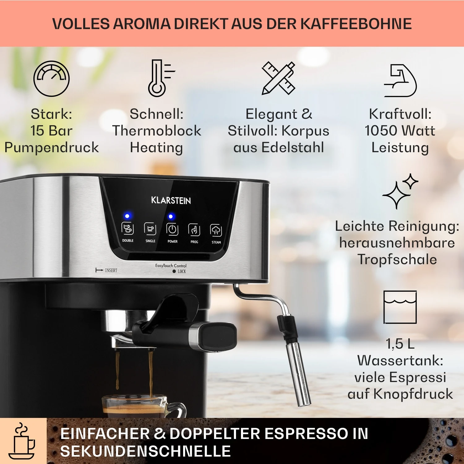 Arabica Espressomaschine 1050W 15 Bar 1,5l Touch-Bedienfeld Edelstahl 4 Arabica Espressomaschine 1050W 15 Bar 1,5l Touch-Bedienfeld Edelstahl - Image 2