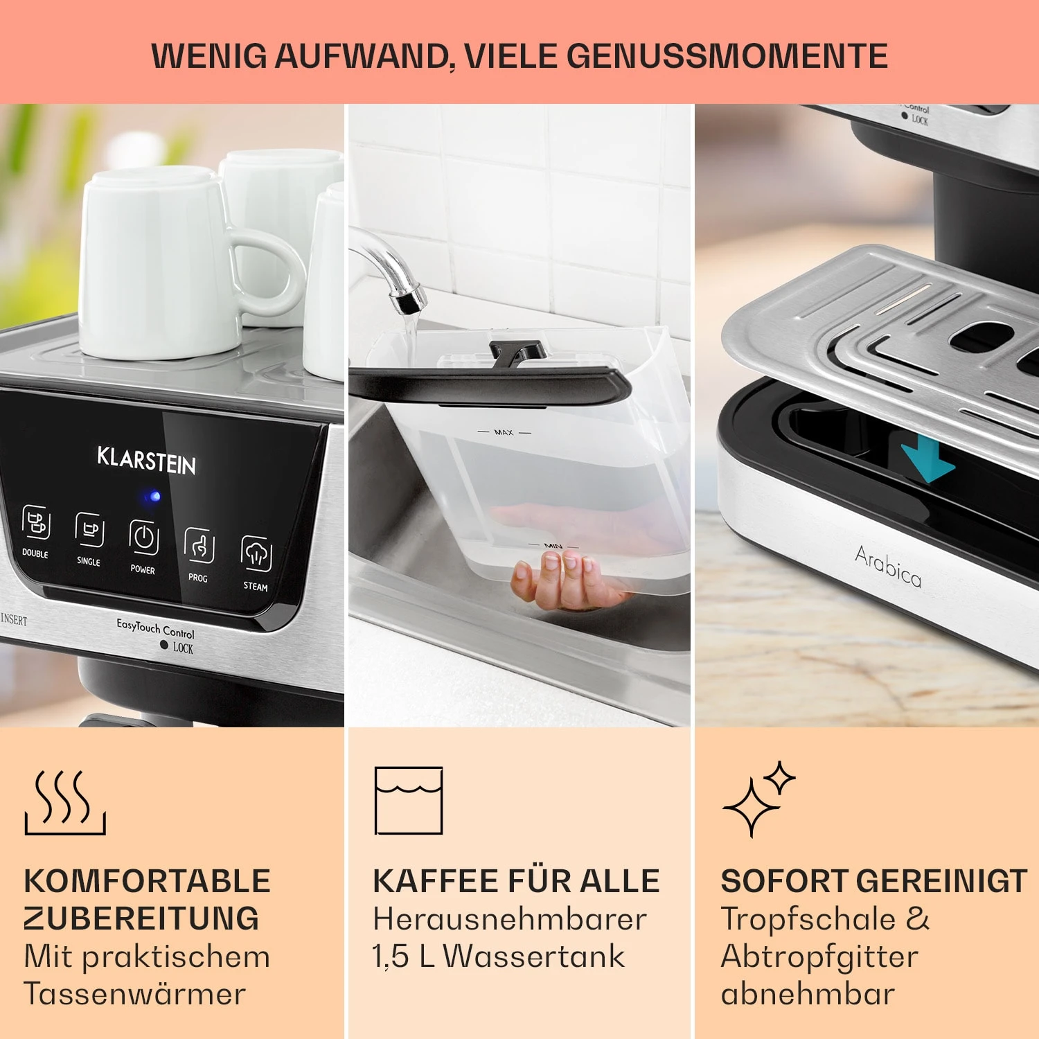 Arabica Espressomaschine 1050W 15 Bar 1,5l Touch-Bedienfeld Edelstahl 8 Arabica Espressomaschine 1050W 15 Bar 1,5l Touch-Bedienfeld Edelstahl - Image 6