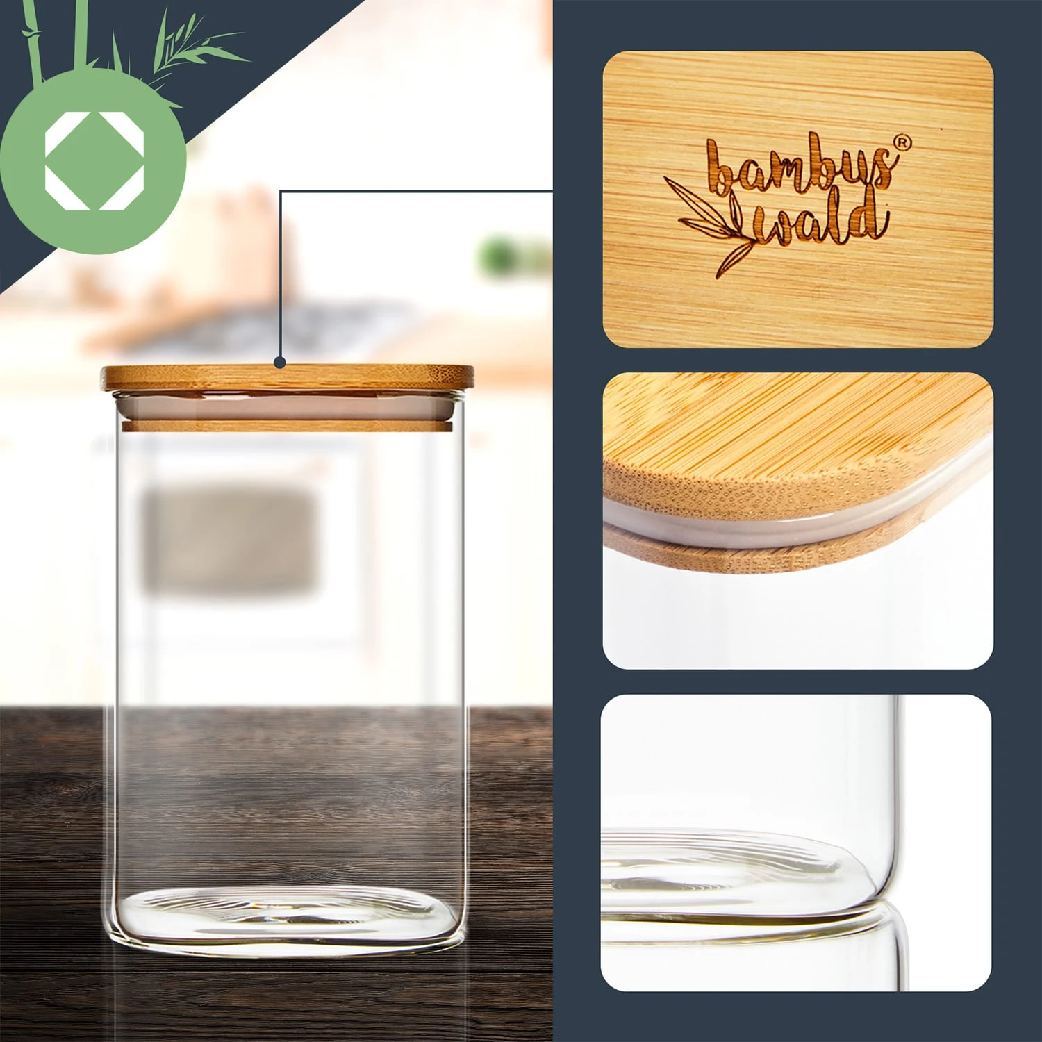 Eckiges Glas Mit Bambusdeckel Luftdicht Mit Silikonring 10x16x10 Cm 1200 Ml 4 Eckiges Glas Mit Bambusdeckel Luftdicht Mit Silikonring 10x16x10 Cm 1200 Ml - Image 2