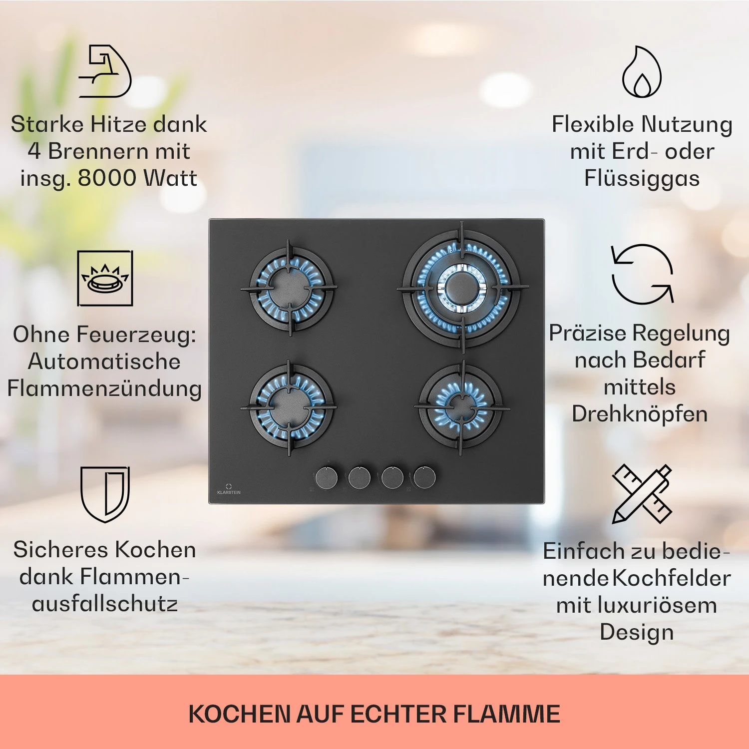 Firetale Gaskochfeld 4-flammig 60 Cm Aluminium-Brenner Inkl. Schlauch Und Druckminderer 4 Firetale Gaskochfeld 4-flammig 60 Cm Aluminium-Brenner Inkl. Schlauch Und Druckminderer - Image 2
